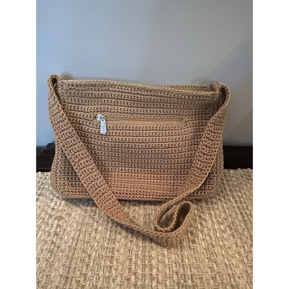 The Sak Beige Crochet Shoulder Bag Zip Closure Lined Outer Zip Pocket Boho